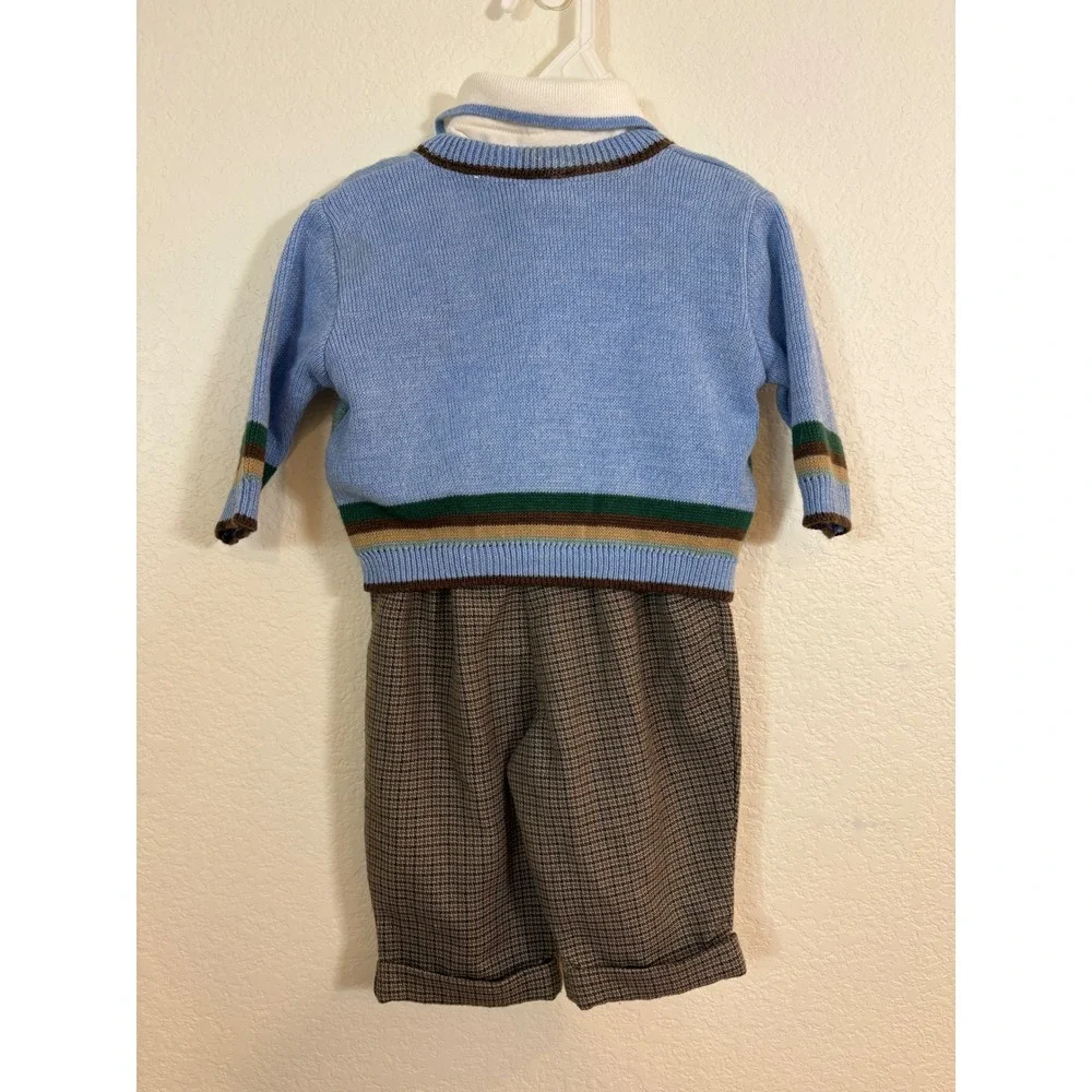 Baby Togs Outfit Set Boys 3-6 Months Blue Brown Vintage 90s Bear Knit Preppy